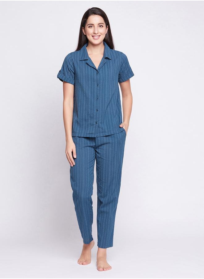 Clovia Women Sassy Stripes Button Down Shirt & Pyjama in Navy Blue Long Sleeve Nightwear Set by Styli  - Image 1