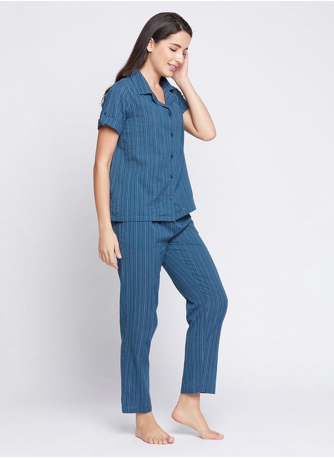 Clovia Women Sassy Stripes Button Down Shirt & Pyjama in Navy Blue Long Sleeve Nightwear Set by Styli  - Image 3