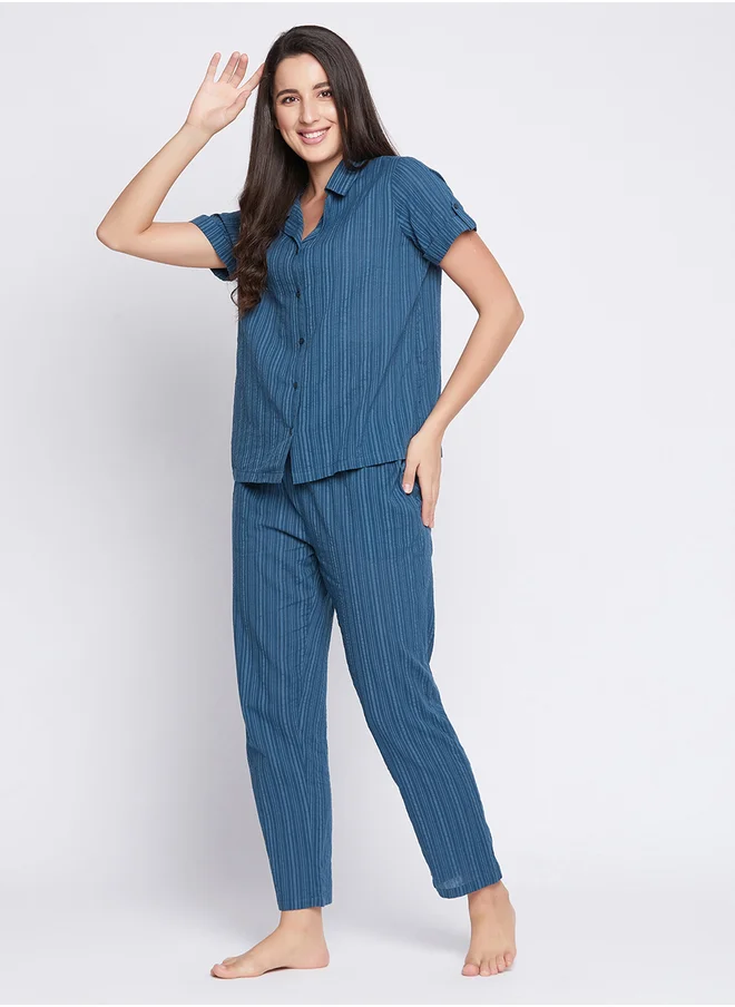 Clovia Clovia Women Sassy Stripes Button Down Shirt and Pyjama in Navy Blue Long Sleeve Nightwear Set