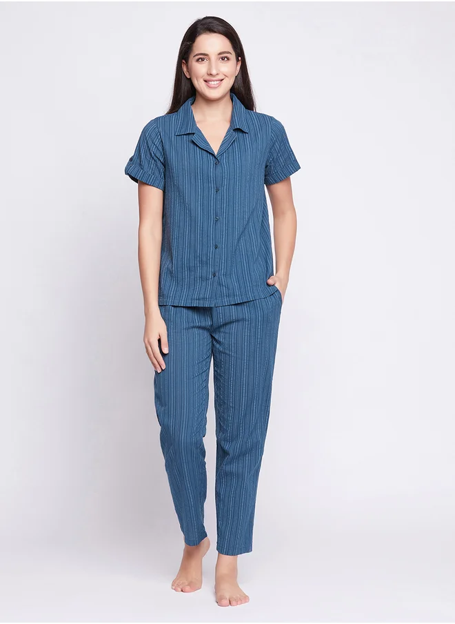 Clovia Clovia Women Sassy Stripes Button Down Shirt and Pyjama in Navy Blue Long Sleeve Nightwear Set