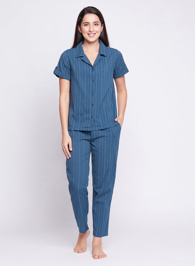 Clovia Women Sassy Stripes Button Down Shirt and Pyjama in Navy Blue Long Sleeve Nightwear Set - Image 1