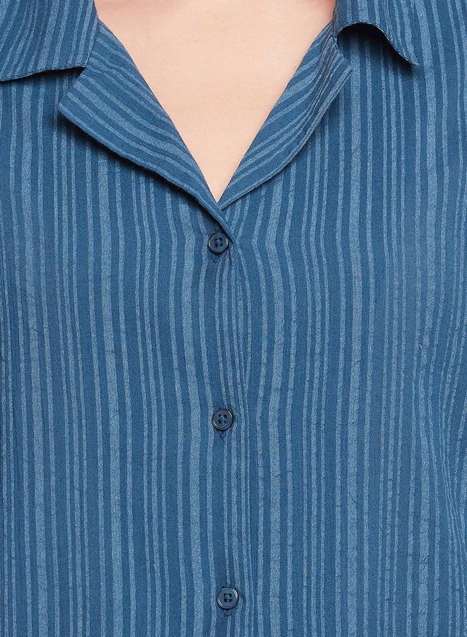Clovia Women Sassy Stripes Button Down Shirt and Pyjama in Navy Blue Long Sleeve Nightwear Set - Image 5