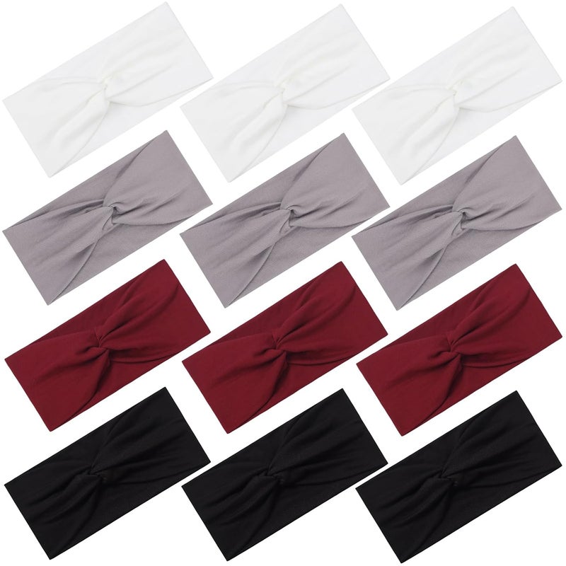 Panleding 12 Pcs Stretchy Headbands for Women, Absorbed Sport Headband Soft Twist Knotted Hairbands for Daily Life Yoga Workout(Black/Grey/White/Red) - Image 1