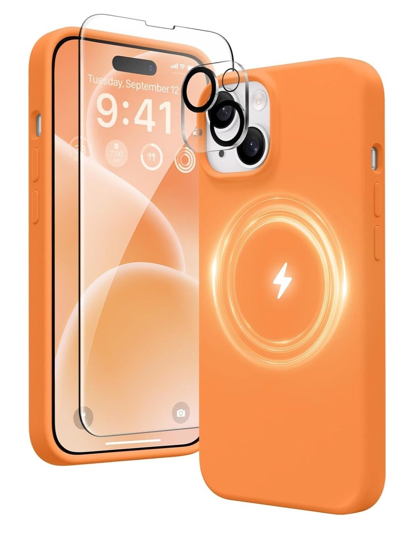 Raxoom ELTRAZONE 5 in 1 for iPhone 15 Case Magnetic, Compatible with Magsafe, with 2X[Screen Protectors + Camera Lens Proctetors], Slim Full Body Case, Skin-Like Silicone Phone Case 6.1",Orange - Image 1