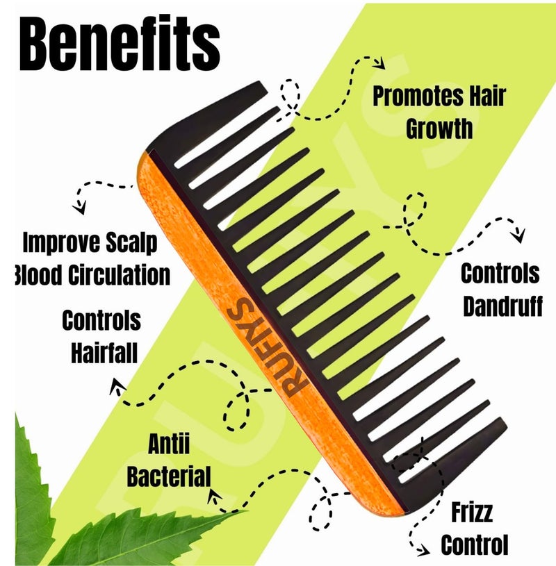 Rufiys Neem & Rosewood Wooden Comb for Hair Fall | Wide Tooth Detangler for Curly & Frizzy Hair | Anti Static Natural Hair Comb for Women - Image 2