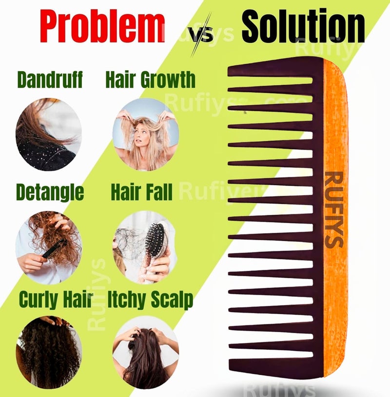 Rufiys Neem & Rosewood Wooden Comb for Hair Fall | Wide Tooth Detangler for Curly & Frizzy Hair | Anti Static Natural Hair Comb for Women - Image 3
