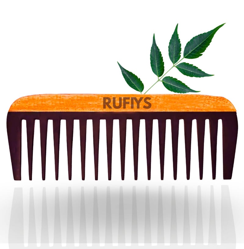 Rufiys Neem & Rosewood Wooden Comb for Hair Fall | Wide Tooth Detangler for Curly & Frizzy Hair | Anti Static Natural Hair Comb for Women - Image 1