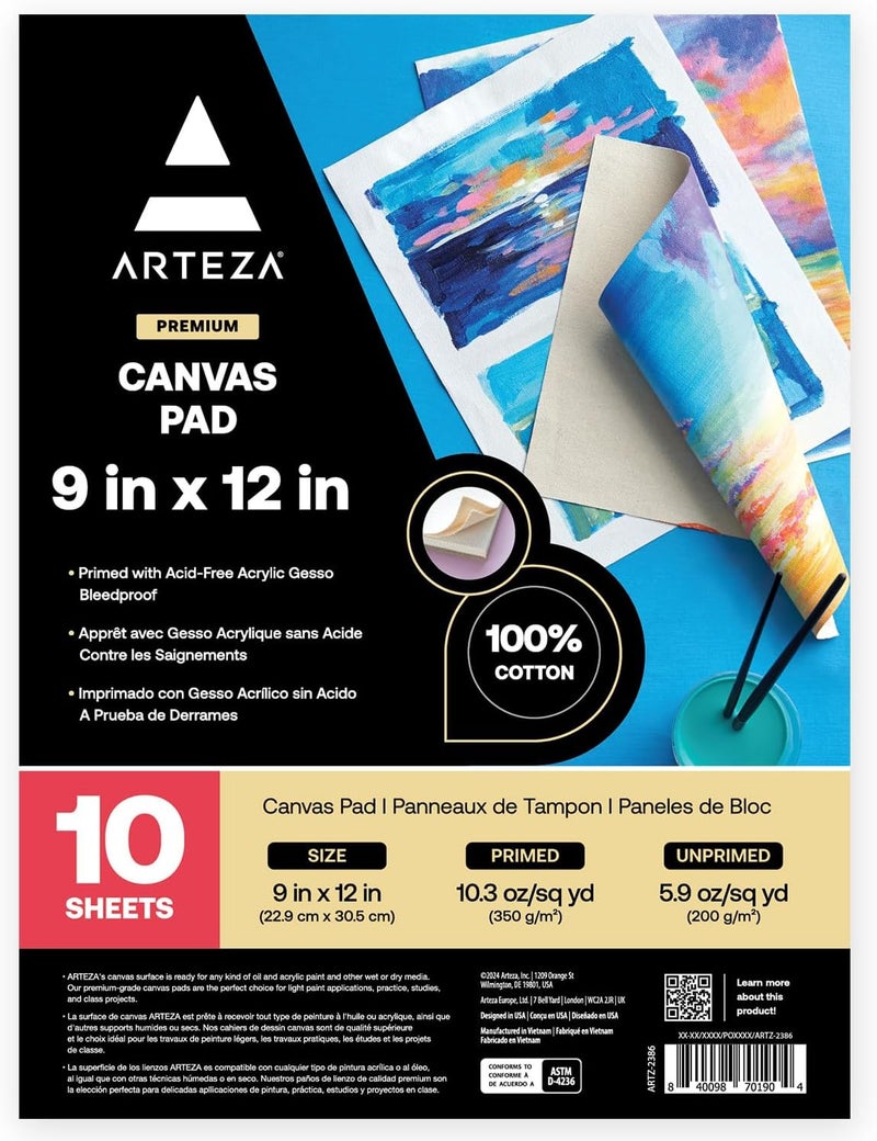ARTEZA دفتر قماش 9x12 بوصة عبوة من 1 - 10 ورقات ملصقة من ورق القماش المعالج مسبقًا للرسم بالأكريليك والزيت والوسائط المختلطة - Image 1