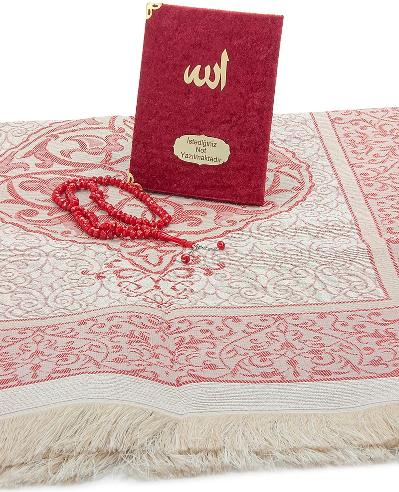 ايهفان اونلاين Claret Red Mevlüt Gift Velvet Covered Book of Yasin Prayer Beads Dowry Prayer Rug Set