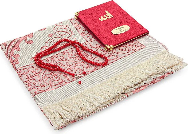 ايهفان اونلاين Claret Red Mevlüt Gift Velvet Covered Book of Yasin Prayer Beads Dowry Prayer Rug Set