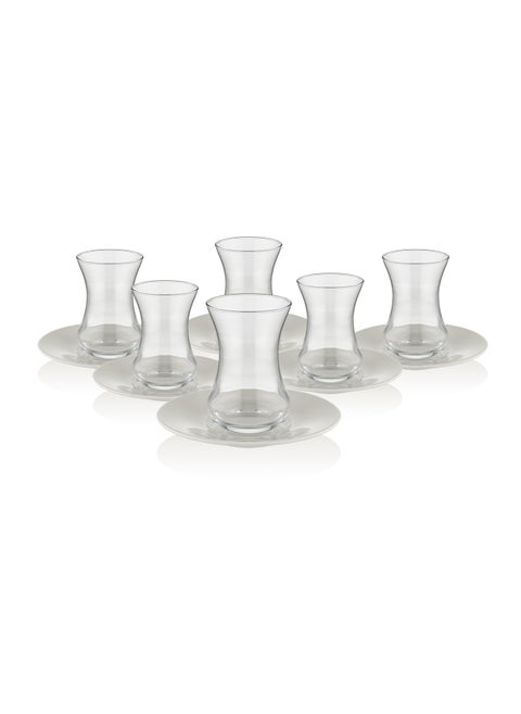 Istikana Plain Tea Cup and Saucer 12pc Set Tea Service 6x Glass Cups (100ml) with 6x Porcelain Saucers (11.8cm)