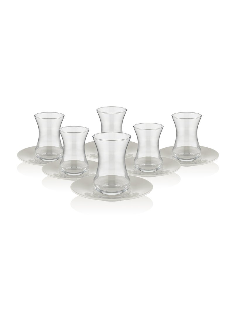 BLACKSTONE - Istikana Plain Tea Cup and Saucer 12pc Set Tea Service 6x Glass Cups (100ml) with 6x Porcelain Saucers (11.8cm) - Image 1