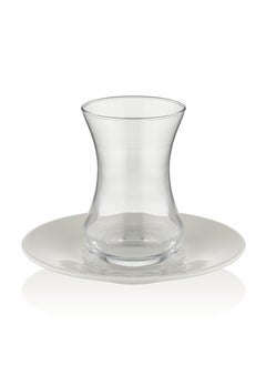 BLACKSTONE Istikana Plain Tea Cup and Saucer 12pc Set Tea Service 6x Glass Cups (100ml) with 6x Porcelain Saucers (11.8cm)  - Image 2