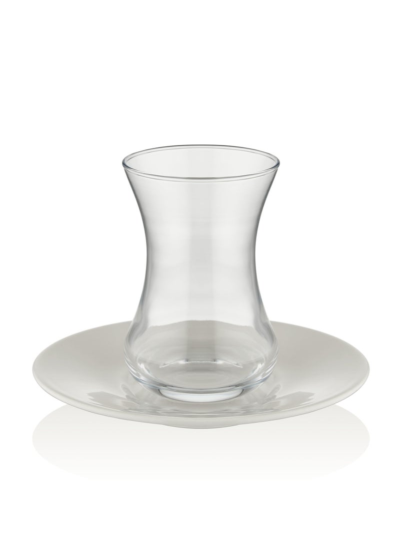 BLACKSTONE - Istikana Plain Tea Cup and Saucer 12pc Set Tea Service 6x Glass Cups (100ml) with 6x Porcelain Saucers (11.8cm) - Image 1