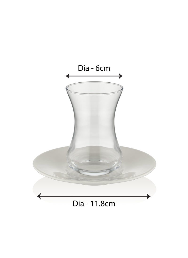 BLACKSTONE - Istikana Plain Tea Cup and Saucer 12pc Set Tea Service 6x Glass Cups (100ml) with 6x Porcelain Saucers (11.8cm) - Image 1