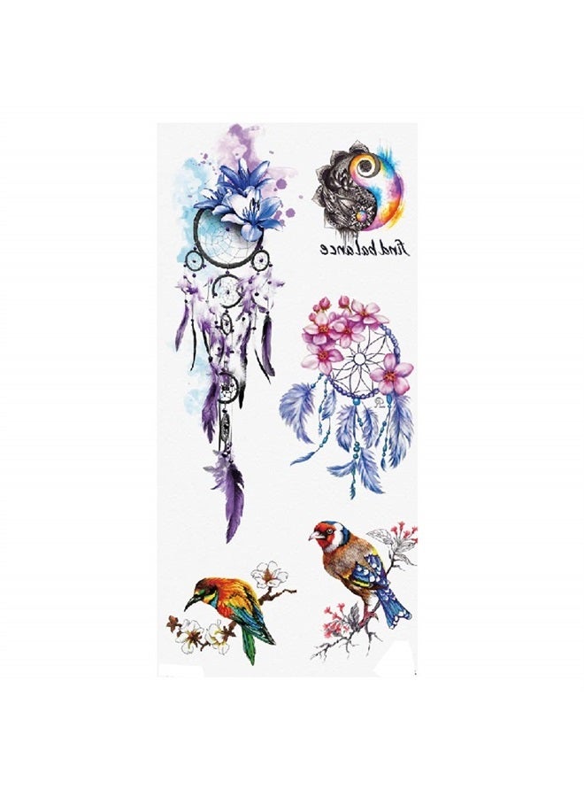TAFLY Temporary Tattoo Bird and Purple Dreamcatcher Flower Tattoo Stickers Fake Tattoos for Girl Women 5 Sheets - Image 1