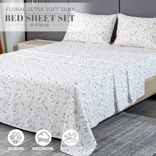 Bedlifes طقم ملاءات سرير كينغ من بيدلايفز، ناعم للغاية، قابل للتنفس، مزخرف بأزهار، بجيب عميق، 100% ميكروفايبر، 4 قطع بحجم كينغ، أبيض مزهر - Image 2