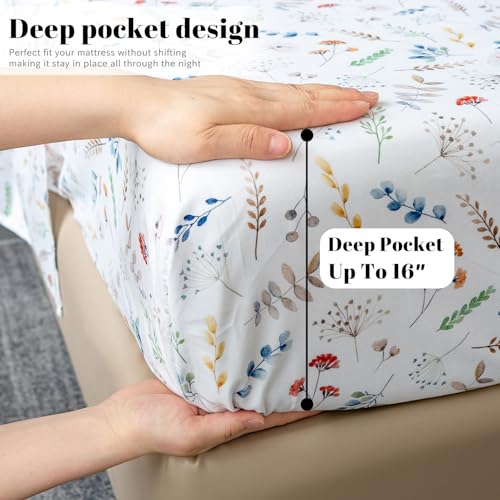 Bedlifes طقم ملاءات سرير كينغ من بيدلايفز، ناعم للغاية، قابل للتنفس، مزخرف بأزهار، بجيب عميق، 100% ميكروفايبر، 4 قطع بحجم كينغ، أبيض مزهر - Image 5