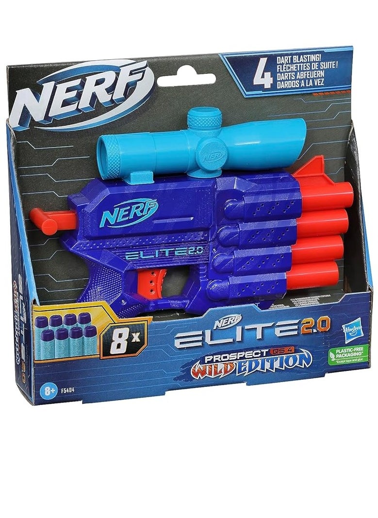 HASBRO - GAMING - Nerf Hasbro Elite 2.0 Prospect QS-4 Blaster Wild Edition Color Design 8 Nerf Elite Darts 4-Dart Blasting Targeting Scope Pull Back Priming - Image 1