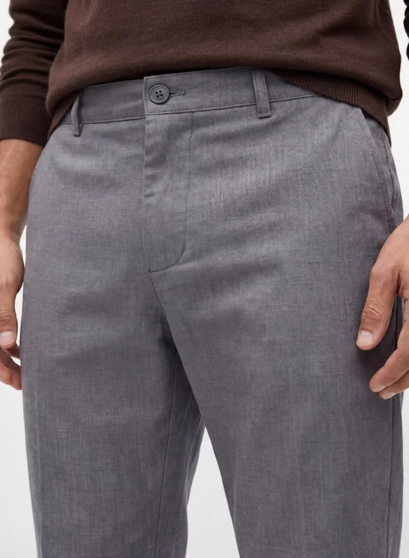 دينيس لينغو Grey Cotton Solid Full Chinos Straight Trouser For Men