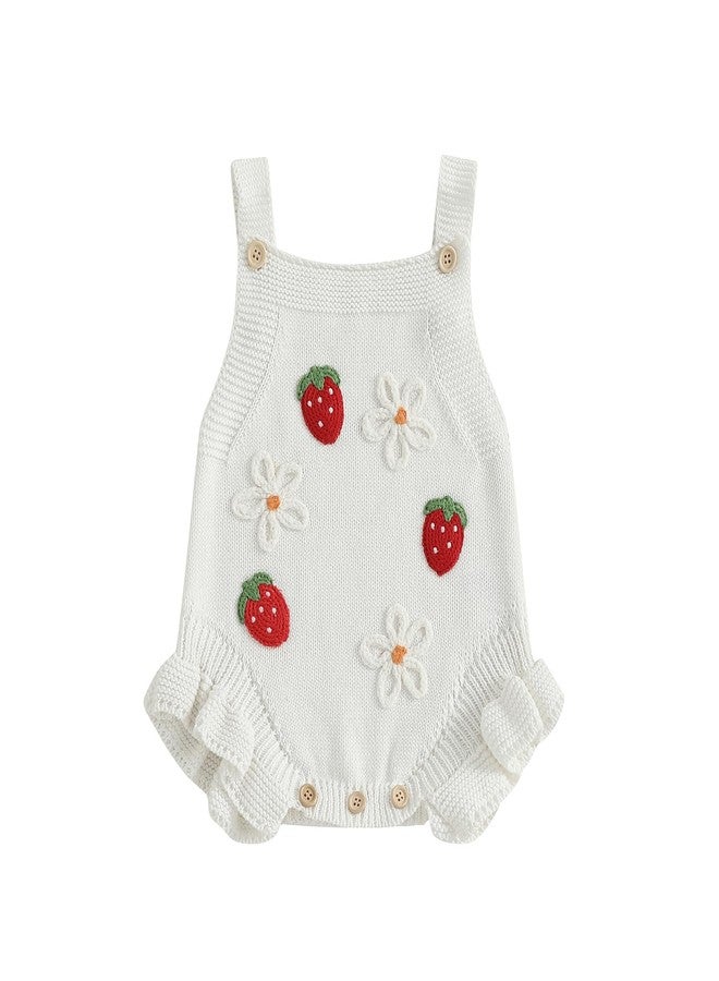 wybzd Newborn Sweater Romper Baby Girl Crochet Knit Sweaters Rompers Embroidery Flower Strawberry Outfit Sleeveless Bodysuit (White, 0-3 Months) - Image 1