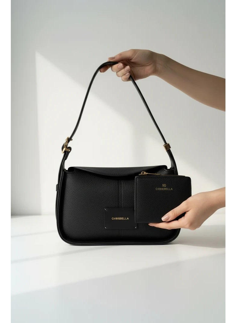 Chrisbella Black Luxury Shoulder Bag with Adjustable Sling & Matching Wallet – Elegant Textured Hobo Bag for Women - Image 1