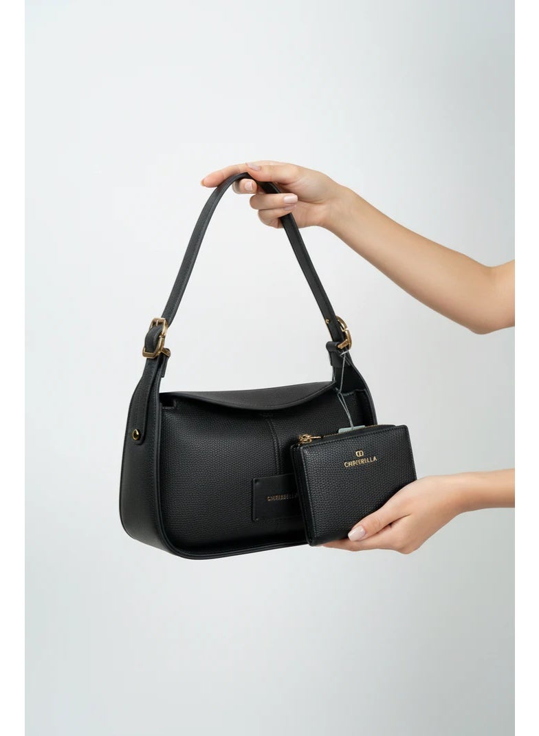 Chrisbella Black Luxury Shoulder Bag with Adjustable Sling & Matching Wallet – Elegant Textured Hobo Bag for Women - Image 2