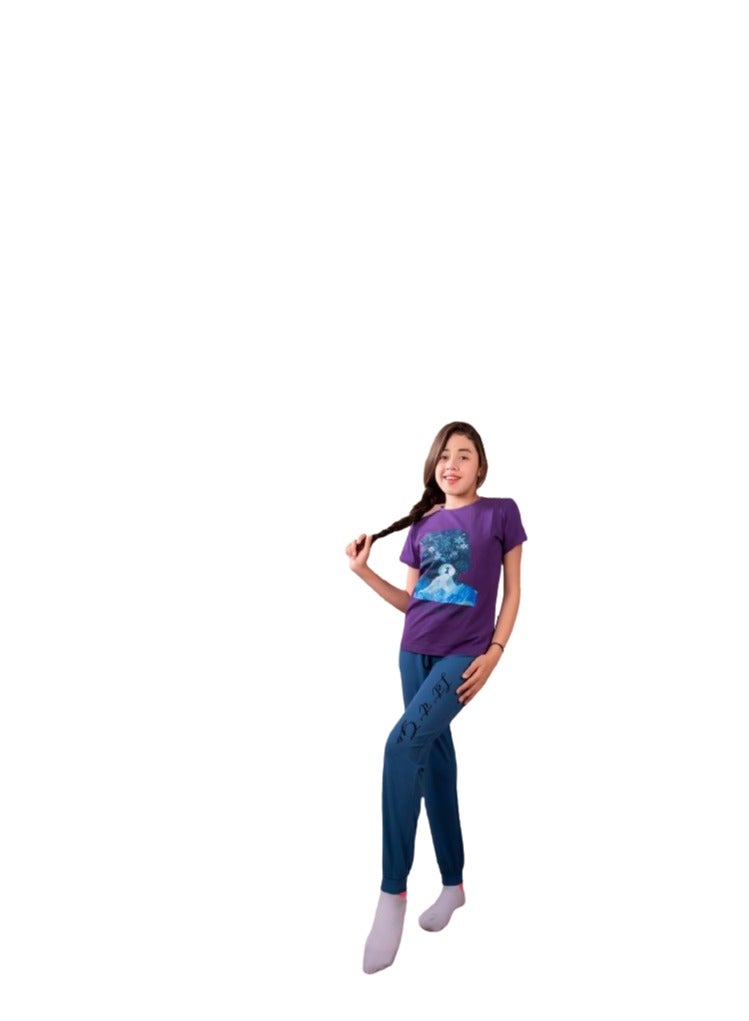 Girls' outfit, a mauve T-shirt with a drawing and turquoise trousers - Image 1