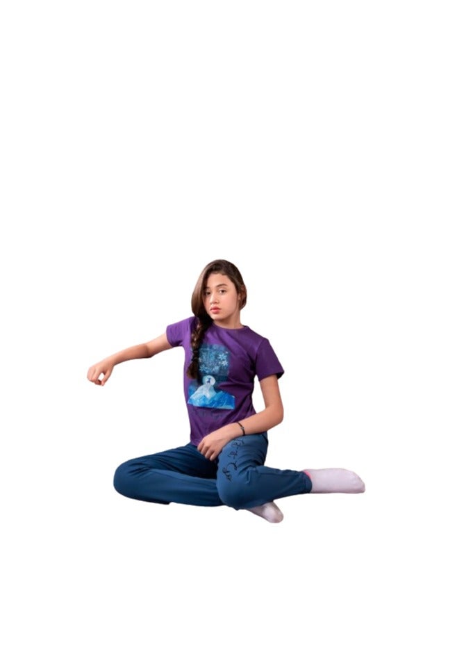 Girls' outfit, a mauve T-shirt with a drawing and turquoise trousers - Image 2