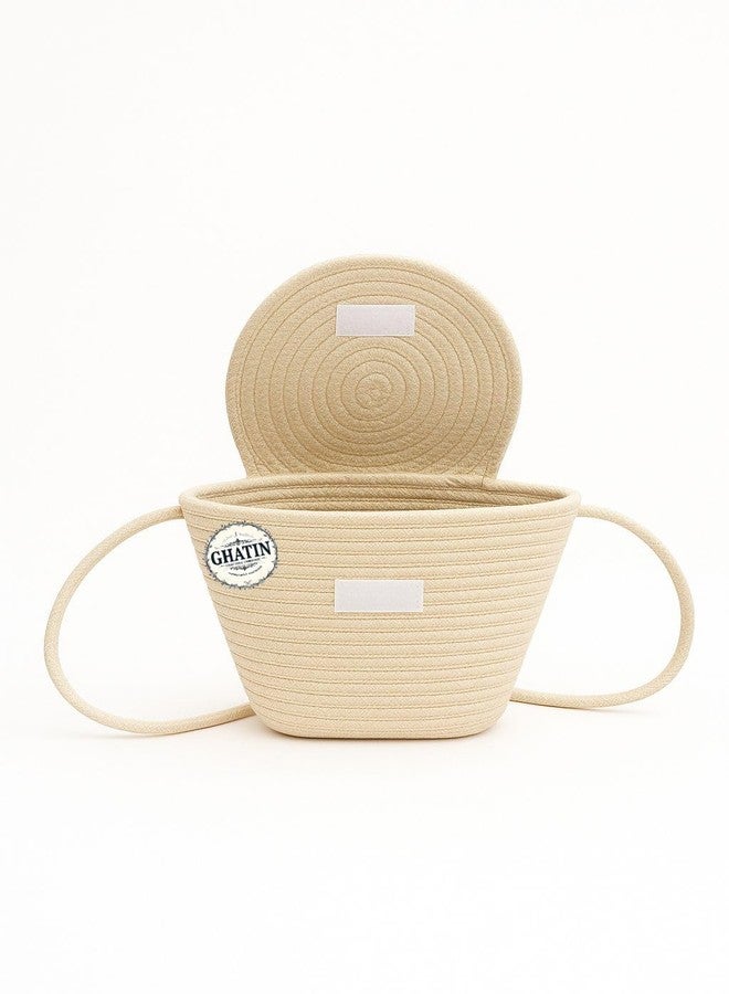 GHATIN Woven Straw Beach Bag, Cream Colour with Floral Detail, Cotton Rope Handle, Medium Size - Image 3