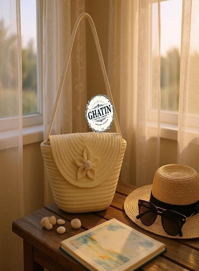 GHATIN Woven Straw Beach Bag, Cream Colour with Floral Detail, Cotton Rope Handle, Medium Size - Image 4