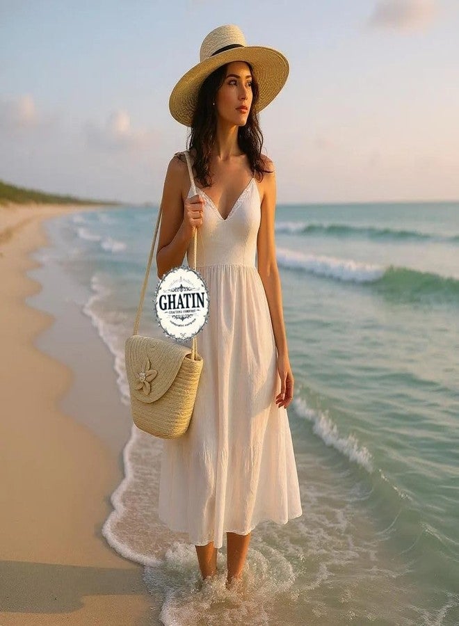 GHATIN Woven Straw Beach Bag, Cream Colour with Floral Detail, Cotton Rope Handle, Medium Size - Image 5