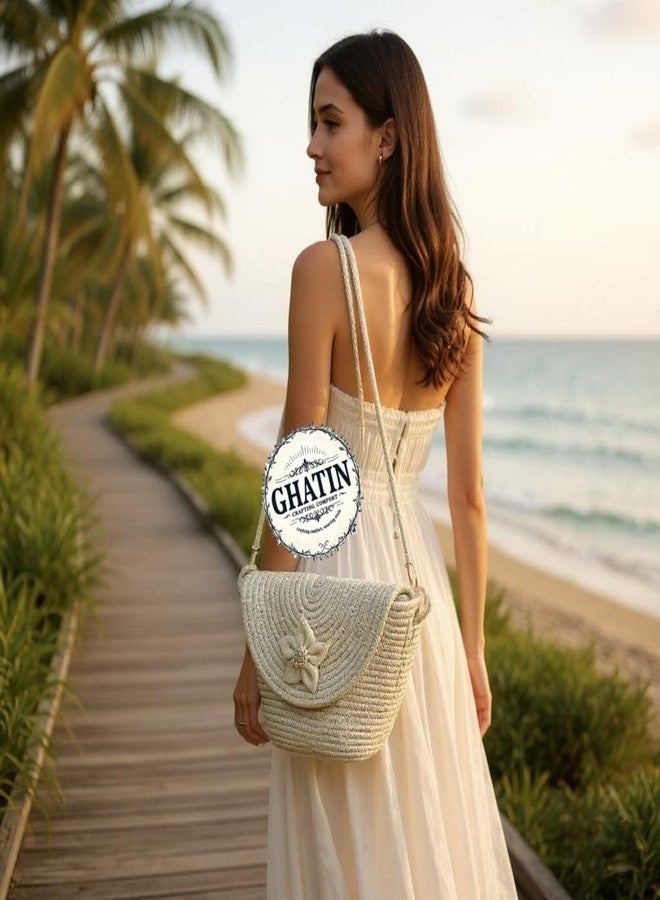 GHATIN Woven Straw Beach Bag, Cream Colour with Floral Detail, Cotton Rope Handle, Medium Size - Image 2