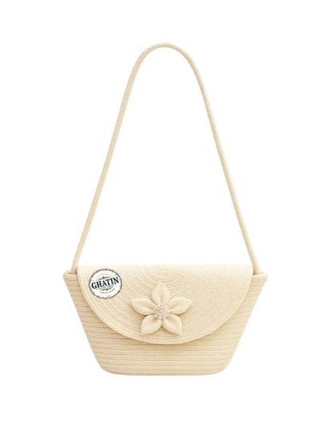 GHATIN Woven Straw Beach Bag, Cream Colour with Floral Detail, Cotton Rope Handle, Medium Size - Image 1