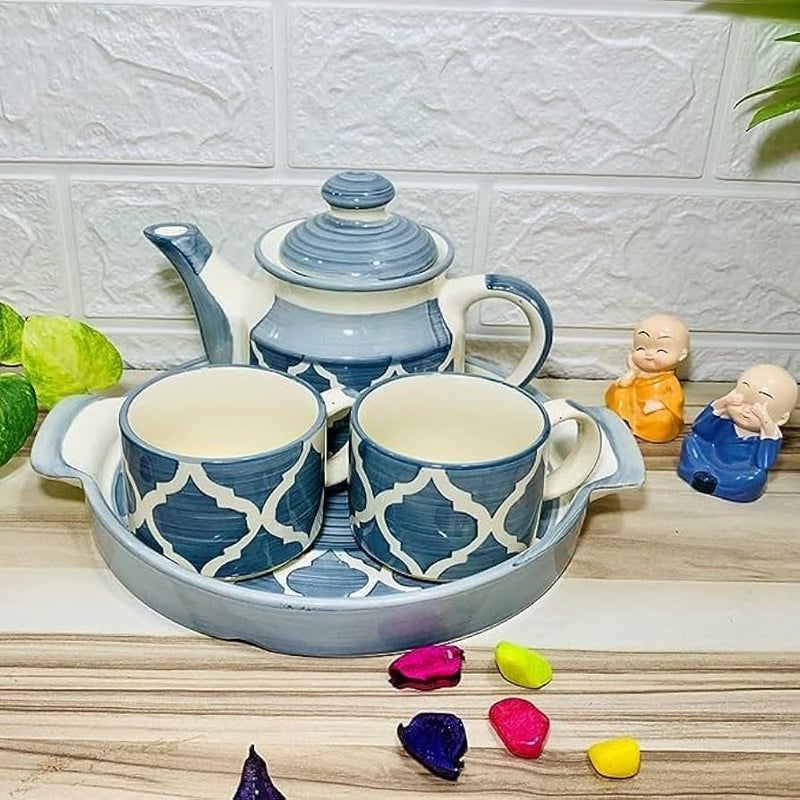 The Xstore Ceramic Handcrafted Royal Blue Tea Cup with Kettle and Tray Morning Set Ideal for Friends, Anniversary, Kitchen Tea Cup Set (Blue 2) - Image 1