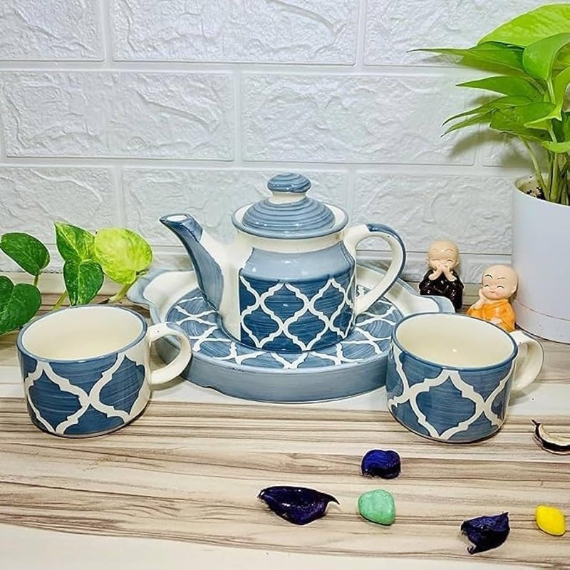 The Xstore Ceramic Handcrafted Royal Blue Tea Cup with Kettle and Tray Morning Set Ideal for Friends, Anniversary, Kitchen Tea Cup Set (Blue 2) - Image 4