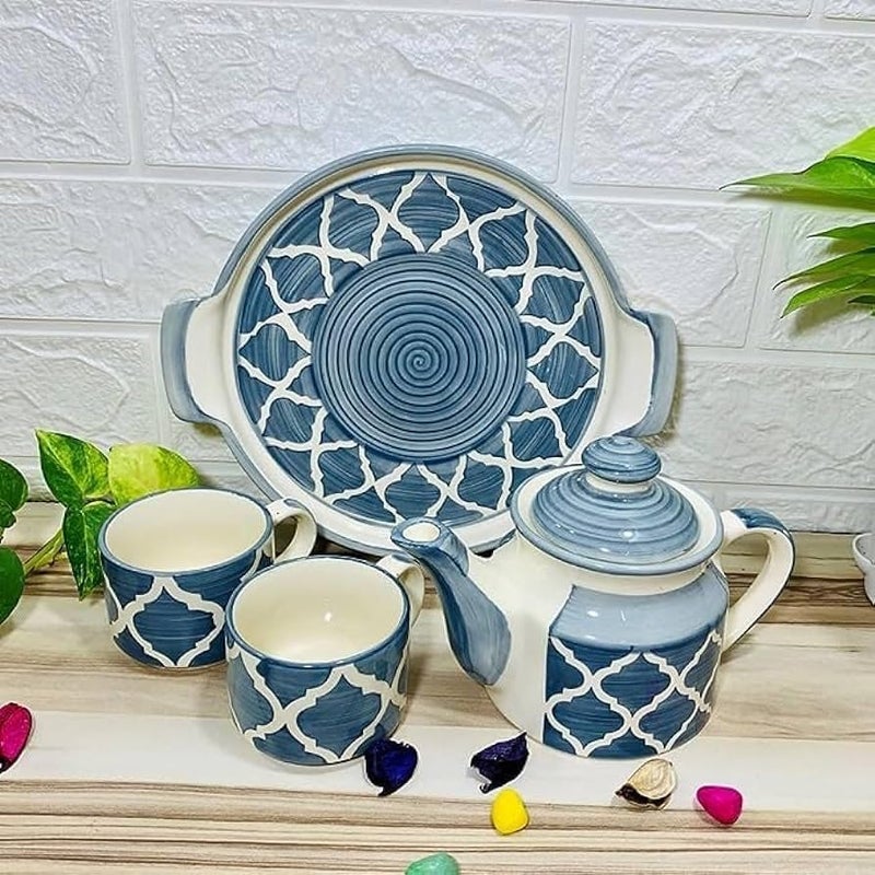 The Xstore Ceramic Handcrafted Royal Blue Tea Cup with Kettle and Tray Morning Set Ideal for Friends, Anniversary, Kitchen Tea Cup Set (Blue 2) - Image 3
