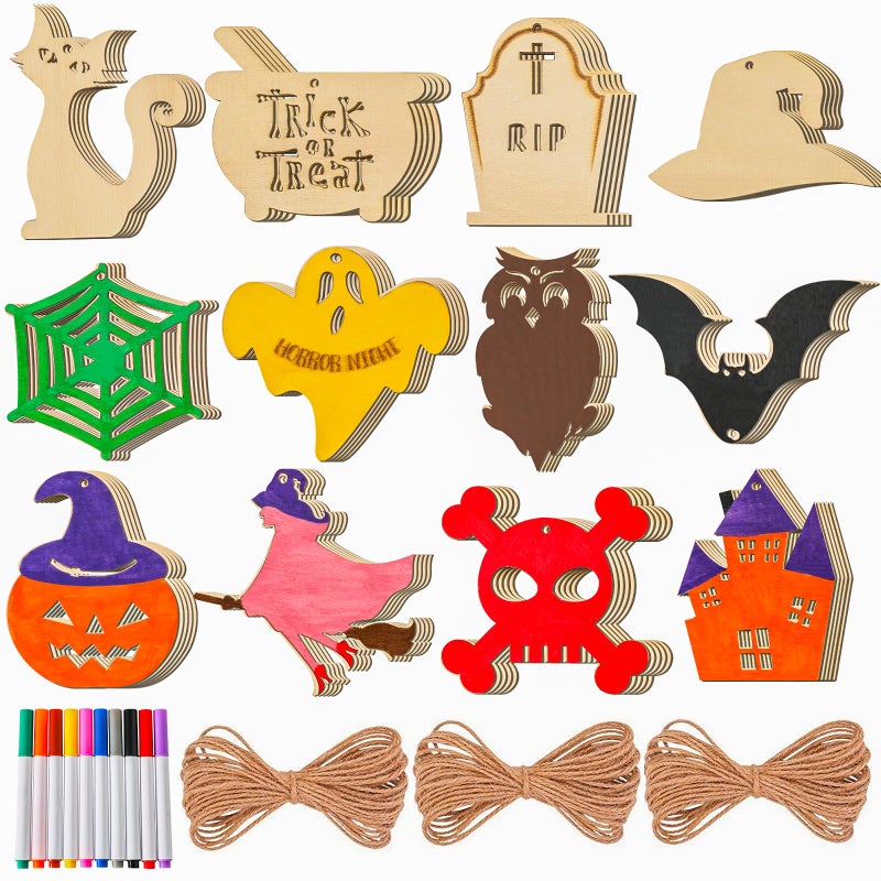 60PCS Halloween Crafts for Kids DIY Painting Wooden Ornaments Kit 12 PreDrilled Shapes Natural Wood Halloween Party Decorations Classroom Activities DIY Art Activity