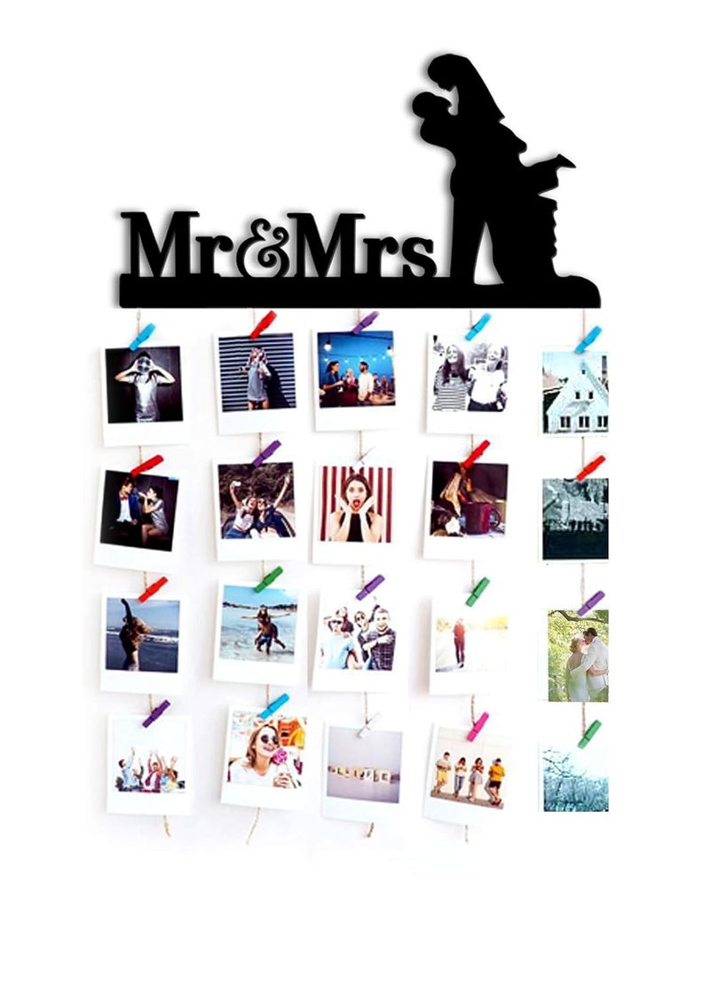 VAH- Kya Bat Hai !! VAH Mr and Mrs Hanging Photo Display Picture Frame Collage Picture Display Organizer with Wood Clips for Wall Decor Hanging Photos Prints and Artwork 