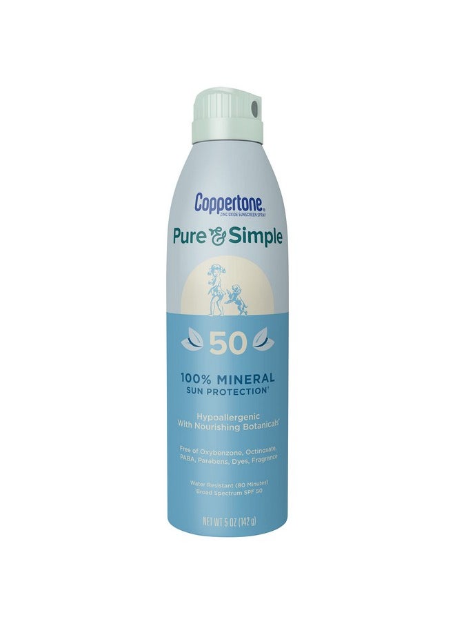 Coppertone Pure And Simple Zinc Oxide Mineral Sunscreen Spray Spf 50 Water Resistant Broad Spectrum Spf 50 Sunscreen For Sensitive Skin 5 Oz Spray  - Image 1