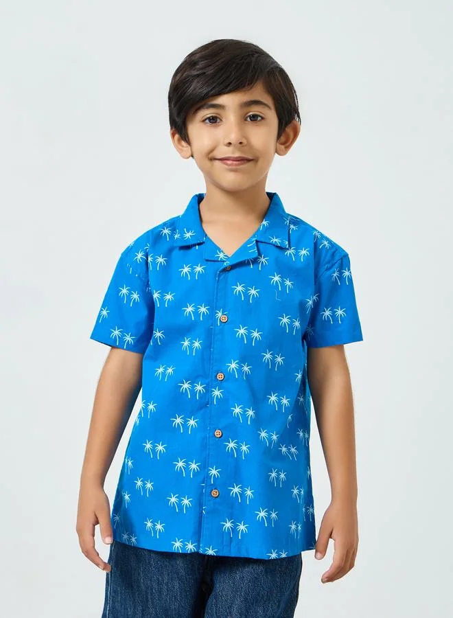 Styli Boys Blue Palm Print Cotton Shirt
