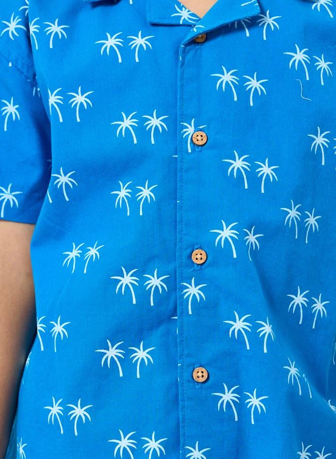 Styli Boys Blue Palm Print Cotton Shirt