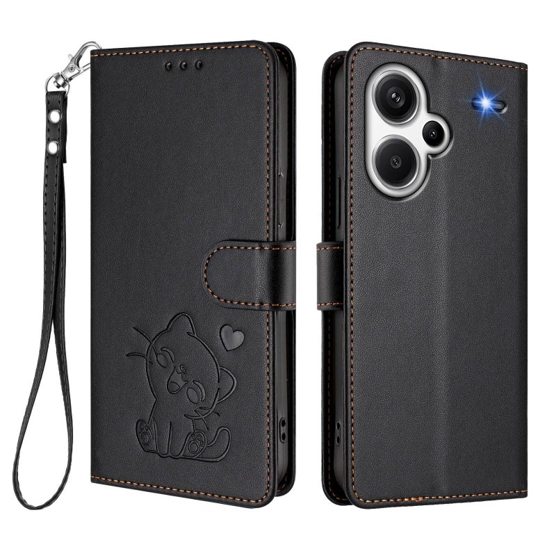 erorex For Redmi Note 13 Pro+ 5G Global Embossed  Cat Leather Phone Case with Hand Strap(Black) - Image 2