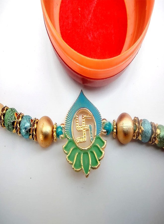 DEV POOJA STORE Elegant Rakhi Kamal Swastic Design Entic pearl Rakhi With Akshat -Roli (RM08) - Image 2