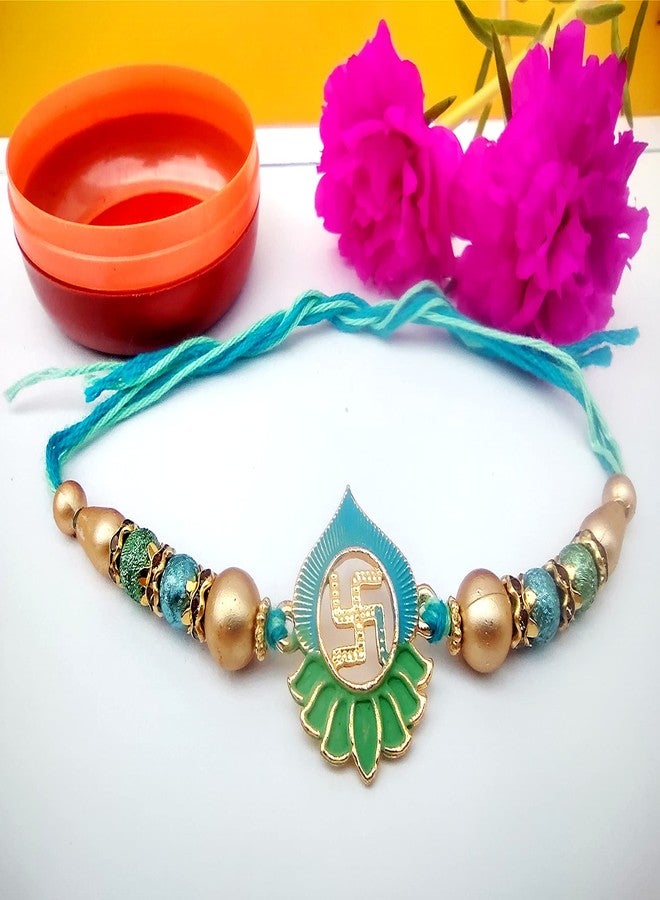 DEV POOJA STORE Elegant Rakhi Kamal Swastic Design Entic pearl Rakhi With Akshat -Roli (RM08) - Image 3