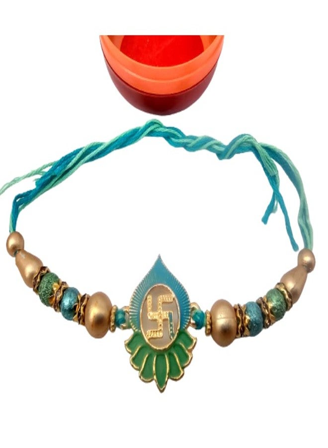 DEV POOJA STORE Elegant Rakhi Kamal Swastic Design Entic pearl Rakhi With Akshat -Roli (RM08) - Image 1
