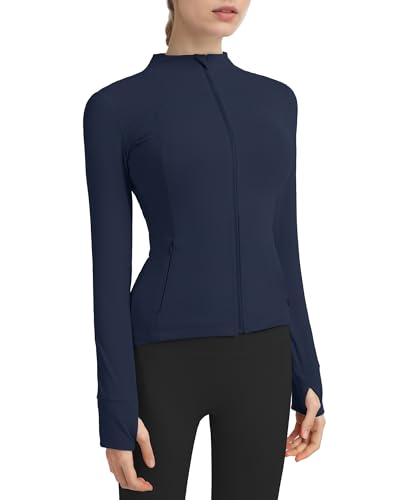 Locachy Women's Slim Fit Full Zip Athletic Running Sports Workout Jacket with Thumb Holes 01 Dark Blue L - Image 1