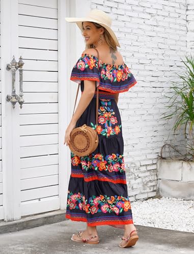 IKADEX Women Mexican Dress Off Shoulder Floral Long Maxi Dress Summer Beach Party Cinco de Mayo Dresses with Belt Black 3XL - Image 4