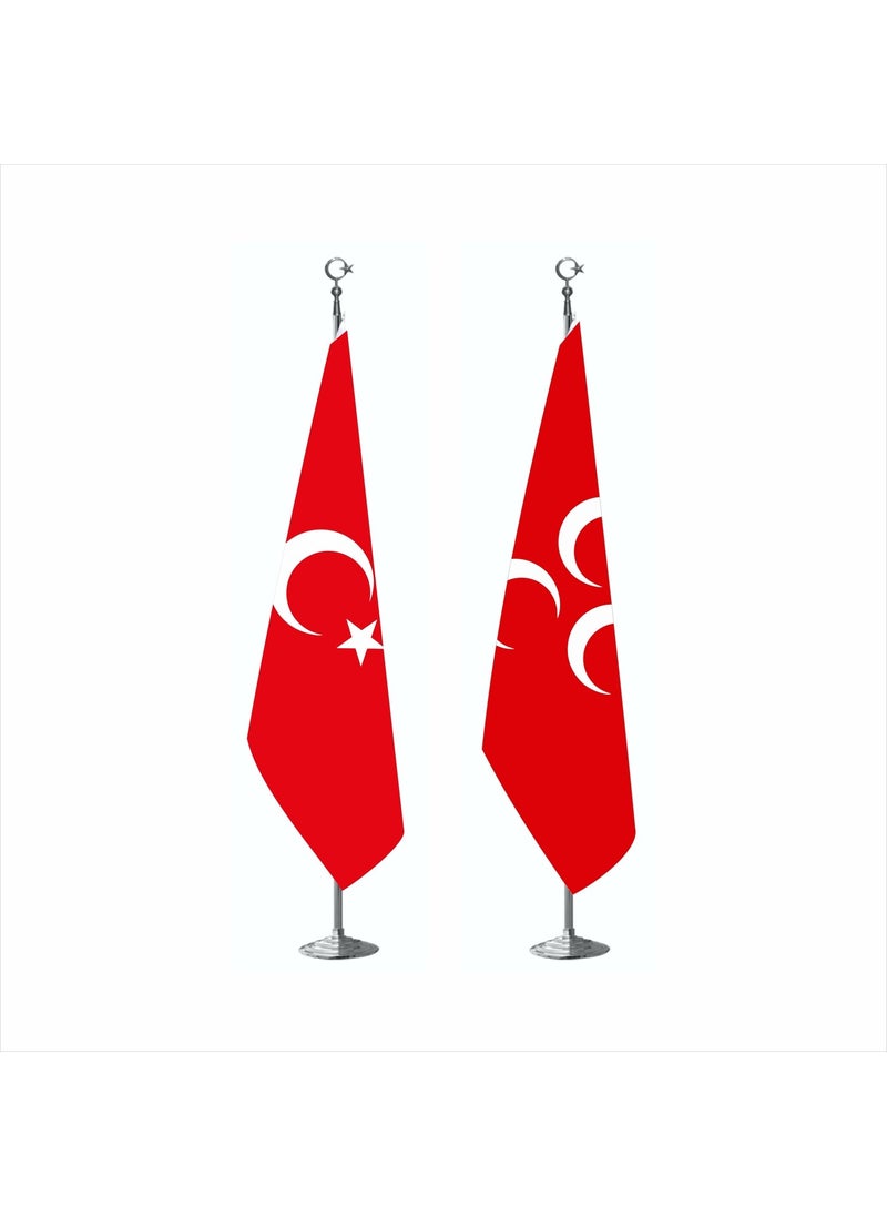BAYRAKAL - Flag Red Three Crescents and Turkish Official Flag with Chrome Poles - Image 1