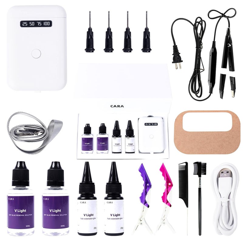 Cara V Light Hair Extensions Kit Mini V Light Hair Extension Set With V Light Lamp1 V light glue2 Hair Extensions Remover2 VLight Remover Machine1 comb1 clip2 for Salon HairstylesWhite machine set